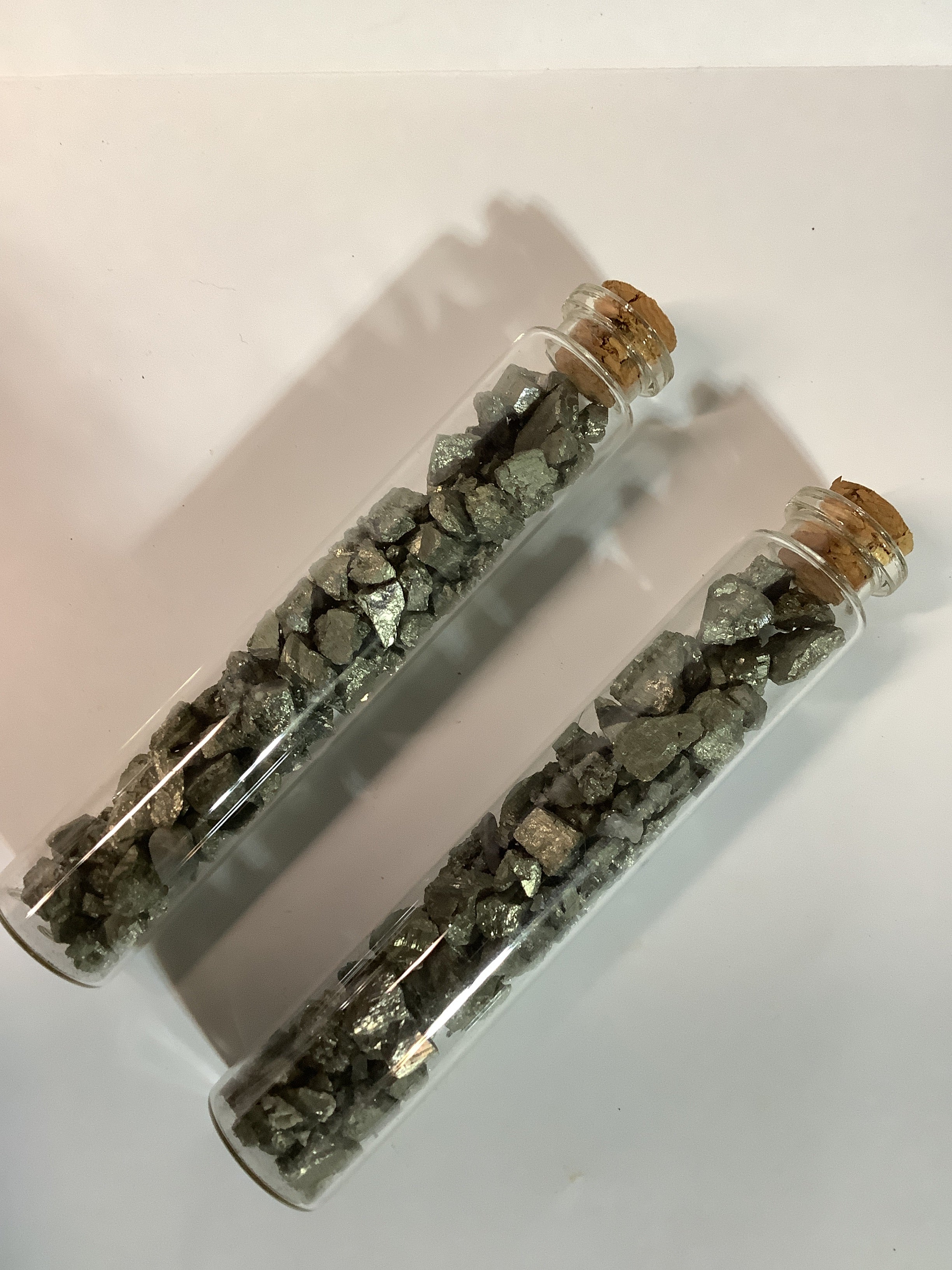 Arkansas Pyrite Chips & Cubes in Glass Cork Tube - Dealer's Choice