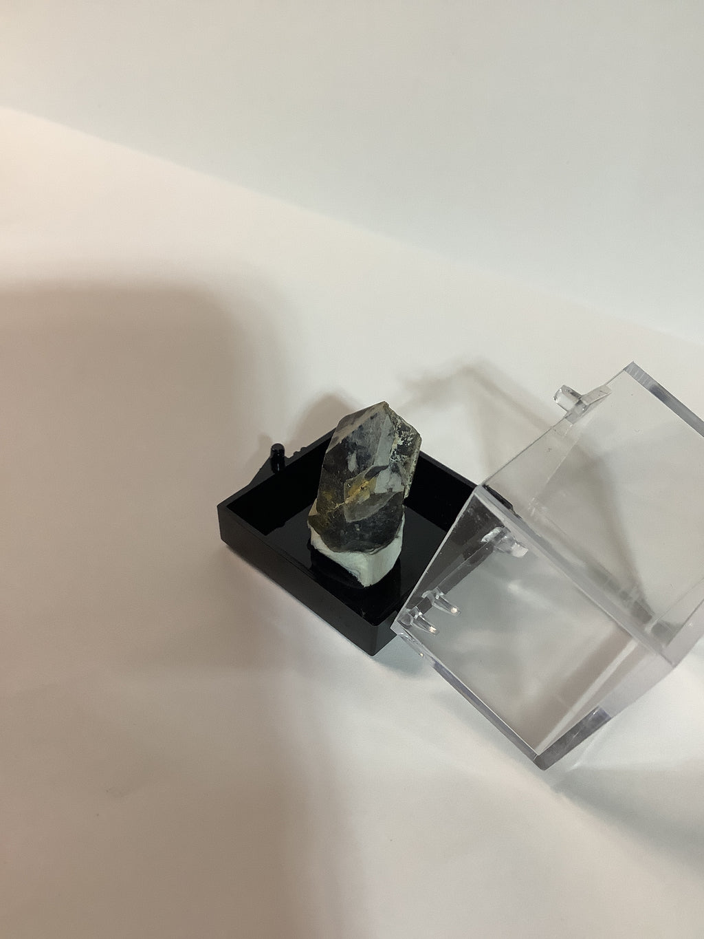 Arkansas Smoky Quartz Point with Oreo Phantom Caps & Oreo-Capped Hitchhikers - Acrylic Display Case