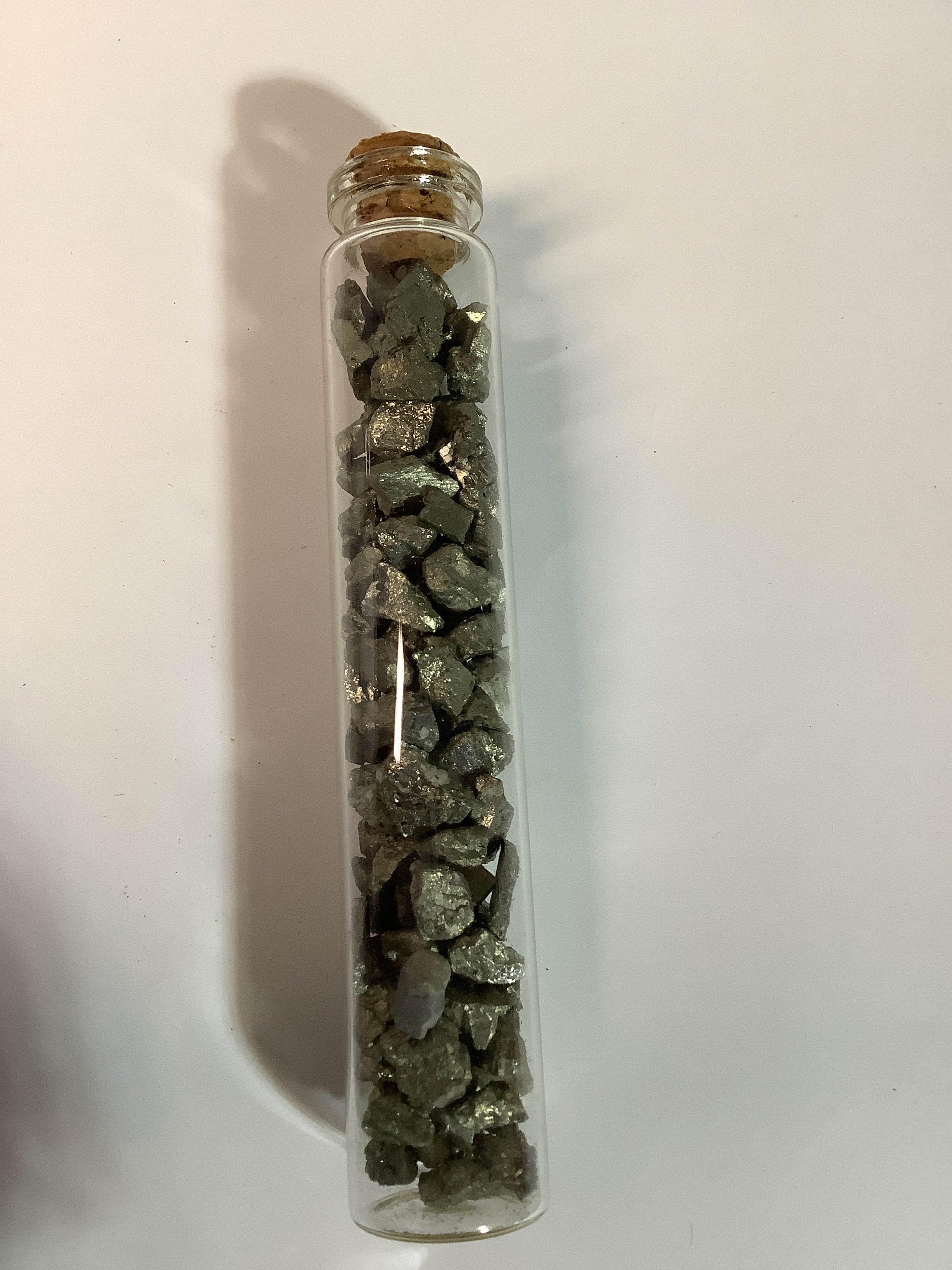 Arkansas Pyrite Chips & Cubes in Glass Cork Tube - Dealer's Choice