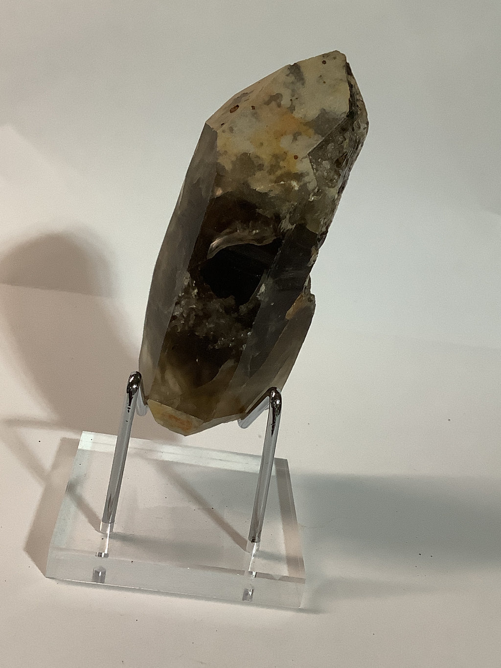 Large Arkansas Smoky Quartz Double Terminated Point with Oreo Phantom Caps - Acrylic Display Stand