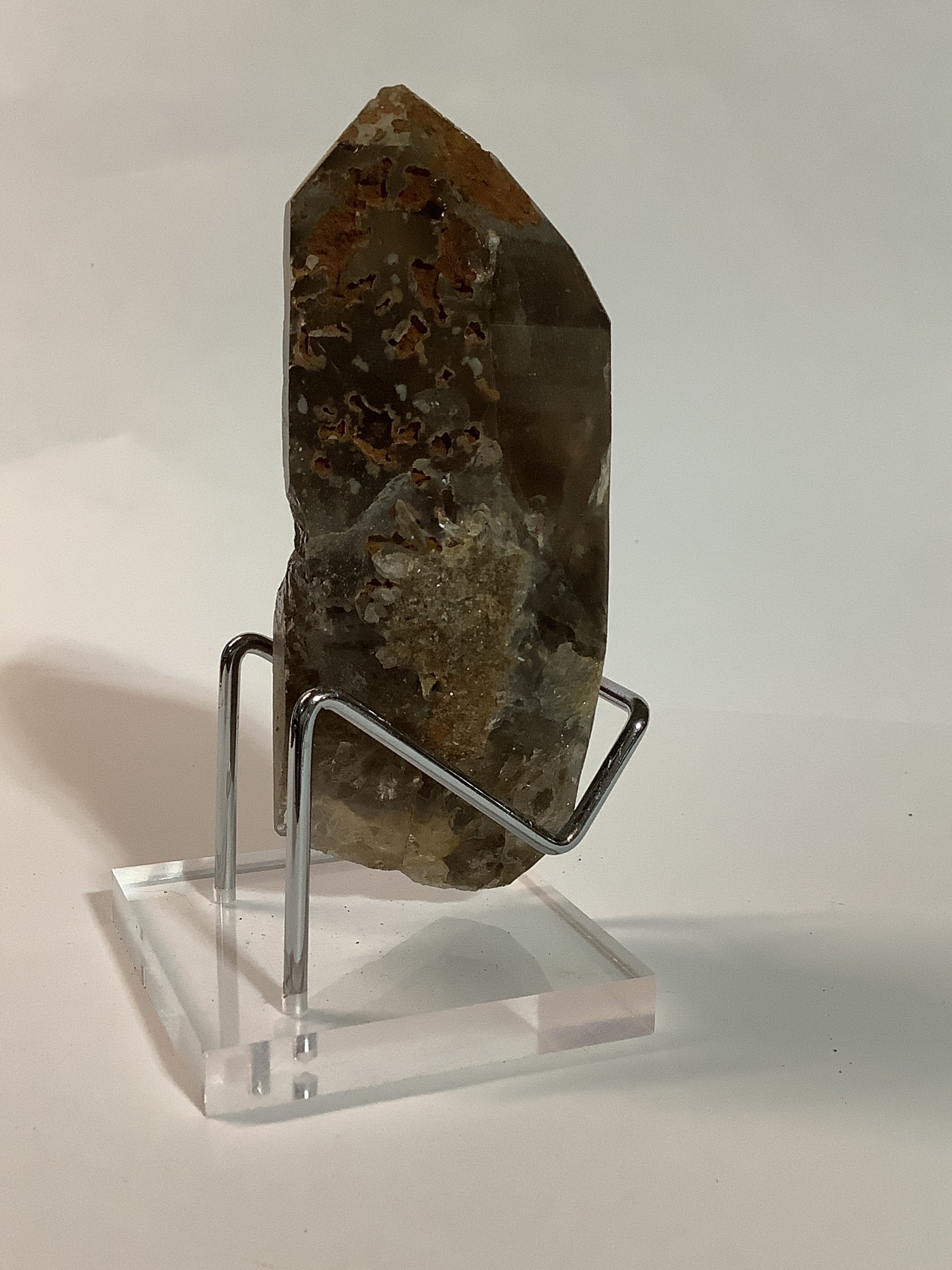 Large Arkansas Smoky Quartz Double Terminated Point with Oreo Phantom Caps - Acrylic Display Stand