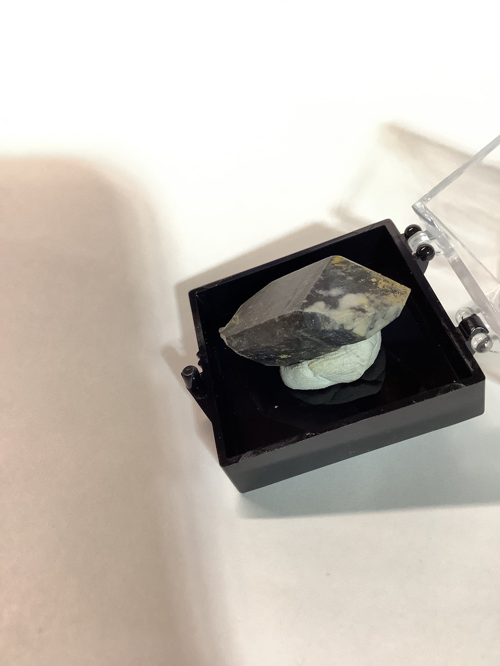 Arkansas Smoky Quartz Double Terminated Point with Oreo Phantom Caps - Acrylic Display Case