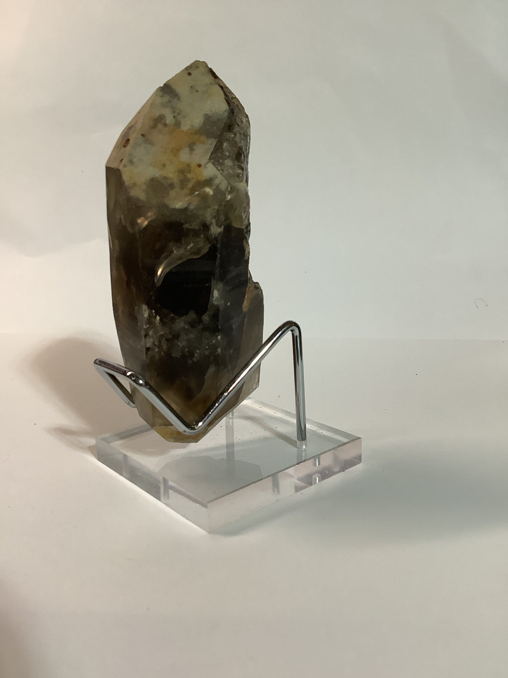 Large Arkansas Smoky Quartz Double Terminated Point with Oreo Phantom Caps - Acrylic Display Stand