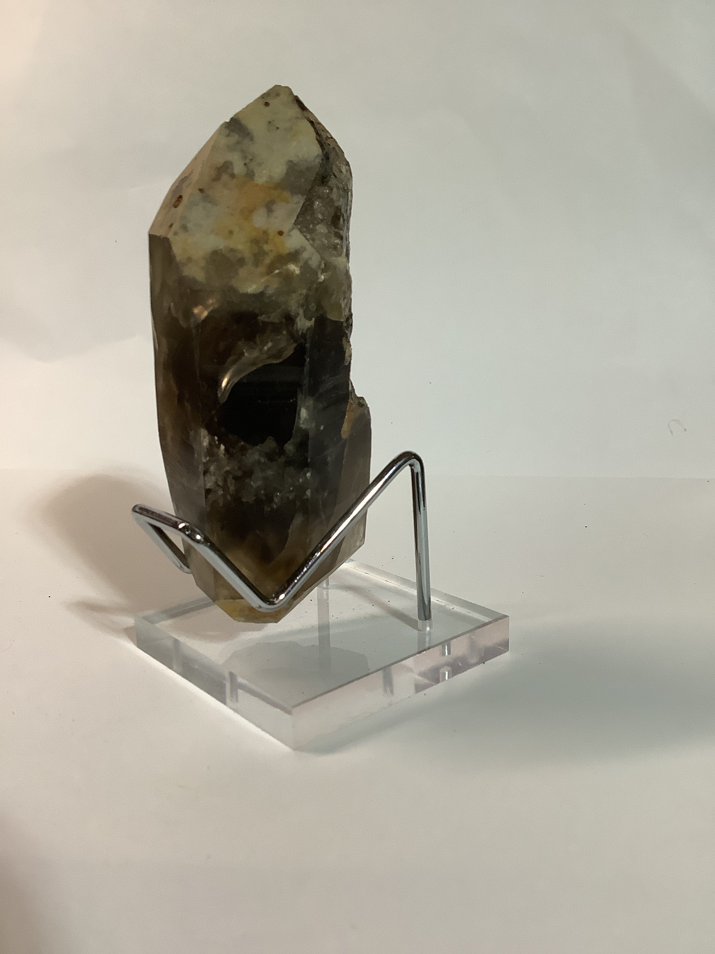 Large Arkansas Smoky Quartz Double Terminated Point with Oreo Phantom Caps - Acrylic Display Stand
