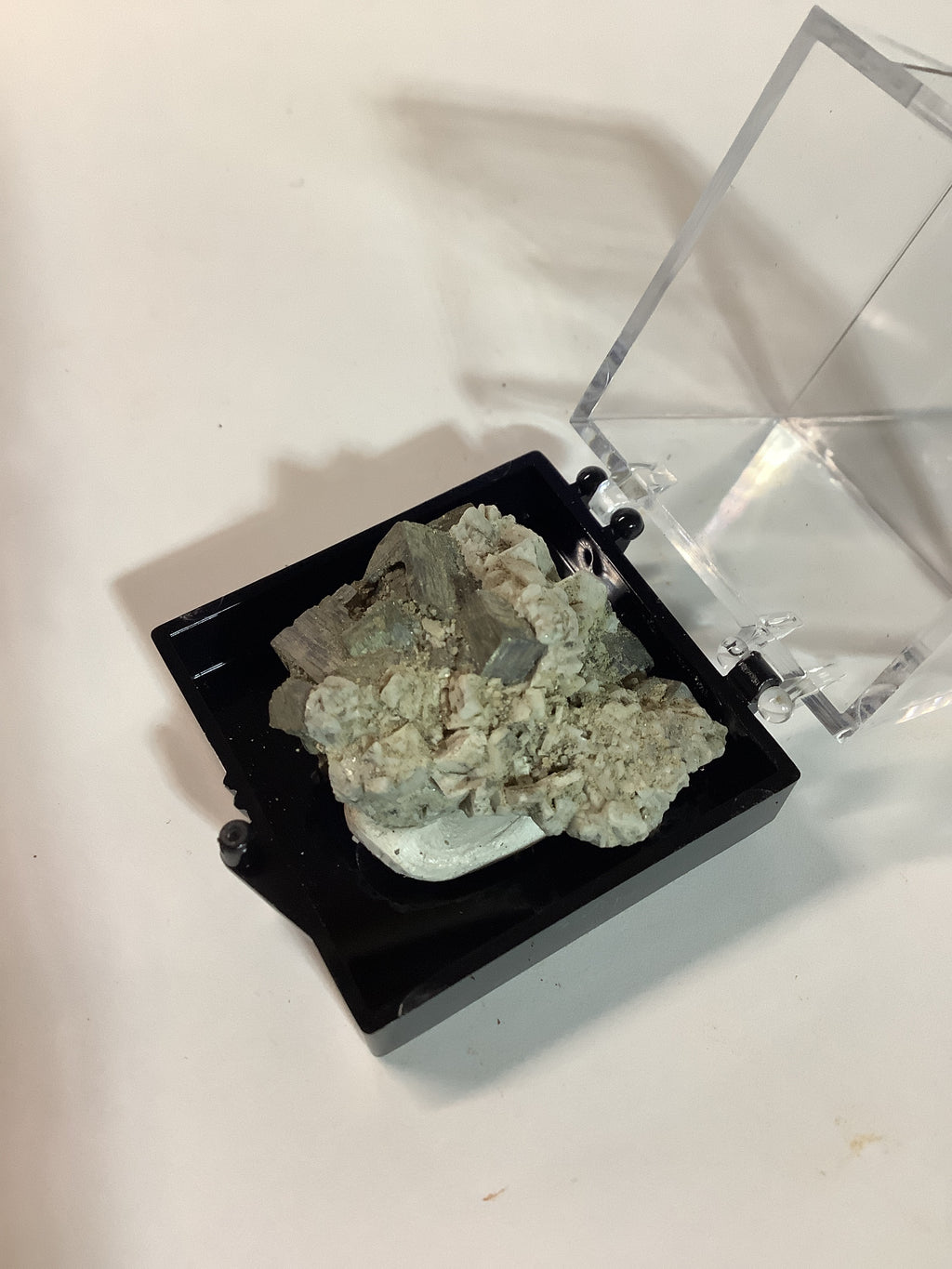 Arkansas Pyrite Cubes with Barite Matrix in Acrylic Display Case - Specimen #3