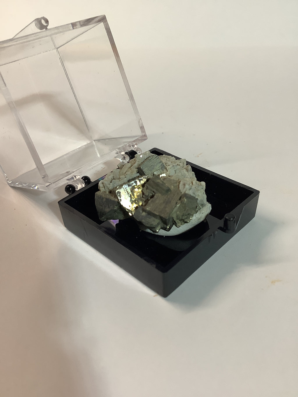 Arkansas Pyrite Cubes with Barite Matrix in Acrylic Display Case - Specimen #3