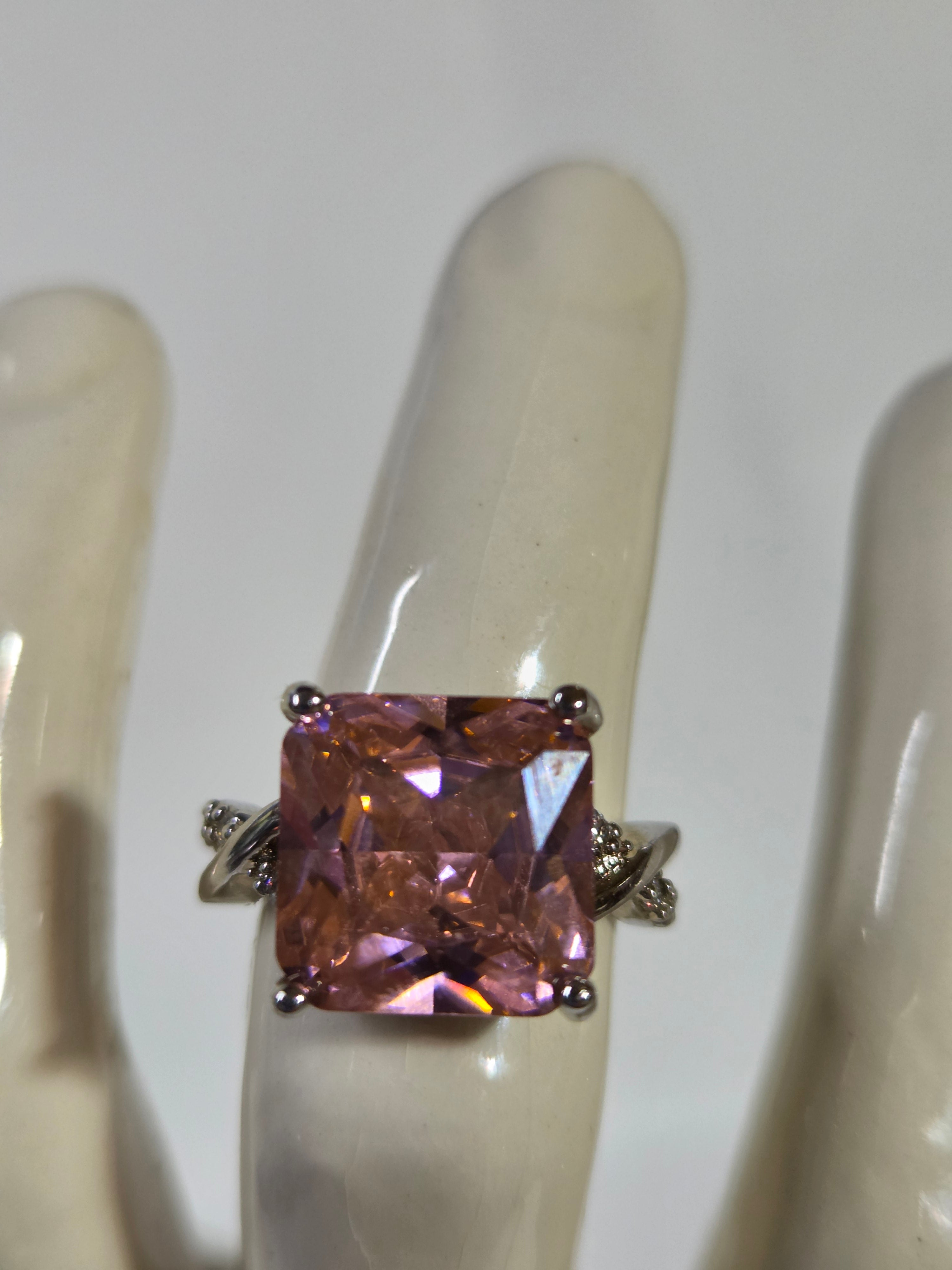 Pink Cushion-Cut Stone Ring – Specimen 2 | Size 6 | Silver-Tone Costume Jewelry