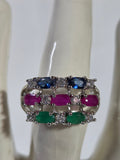 Tri-Color Multi-Stone Wide Band Ring – Specimen 5 | Size 8 | Silver-Tone Costume Jewelry