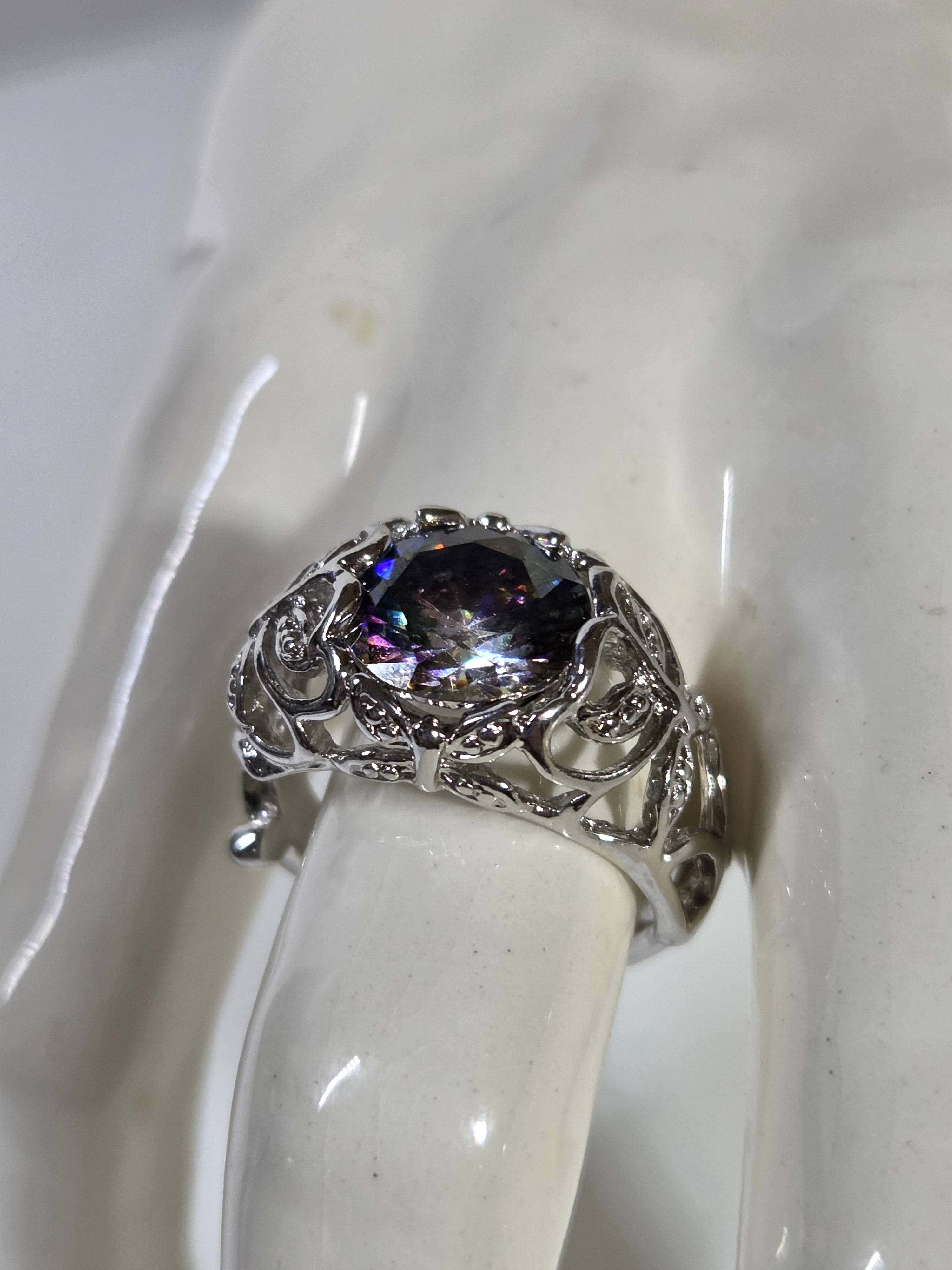 Mystic Topaz-Style Filigree Cocktail Ring – Specimen 9 | Size 8 | Silver-Tone Costume Jewelry