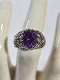 Purple Amethyst-Style Oval Stone Filigree Ring – Specimen 3 | Size 7 | Silver-Tone Costume Jewelry
